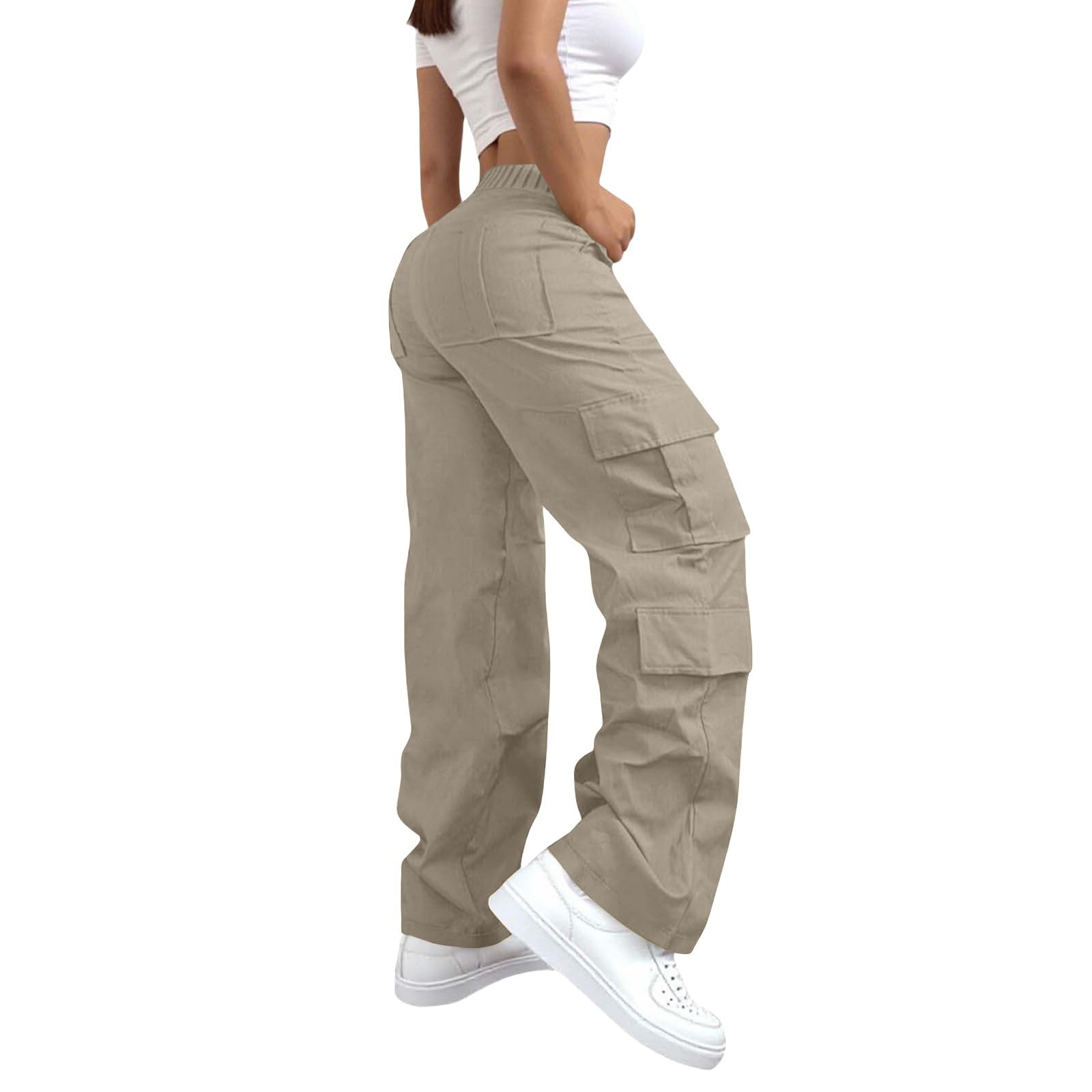DGZTWLL - Pantalones cargo casuales de lino para mujer, cintura alta, holgados, pantalones de senderismo, estilo urbano, cómodos para el trabajo diario y atuendos casuales