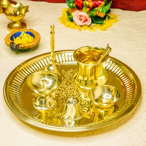 Image of Ekhasa 100% Pure Brass 10 Inch Pooja Thali Set | Puja Thali Set for Home Or Gifting | Brass Aarti Thali For Pooja, Mandir, Wedding, Festivals | Pital Pooja Set Items For Home Decorative | Peetal Plate