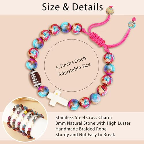 Image of Softball /Soccer /Volleyball /Basketball /Baseball /Football Sports Gifts for Girls Teens Natural Stone Beaded Cross Bracelets Christian Religious Game Day Jewelry Gift