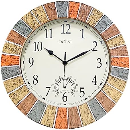 OCEST 13 Inch Large Outdoor Indoor Clock, Waterproof Wall Clock with Thermometer, Weather-Resistant Non-Ticking Battery Operated Decor Clock for Patio, Pool, Lanai, Fence, Porch, Garden (Yellow)