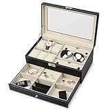 Juns 6 slots watch box Jewelry Organizer Lockable Sunglass Display Case with Black Faux Leather