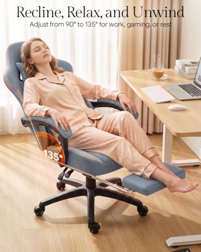 Image of Dowinx High Back Tech Fabric Gaming Chair with Wide Seat, Blue White