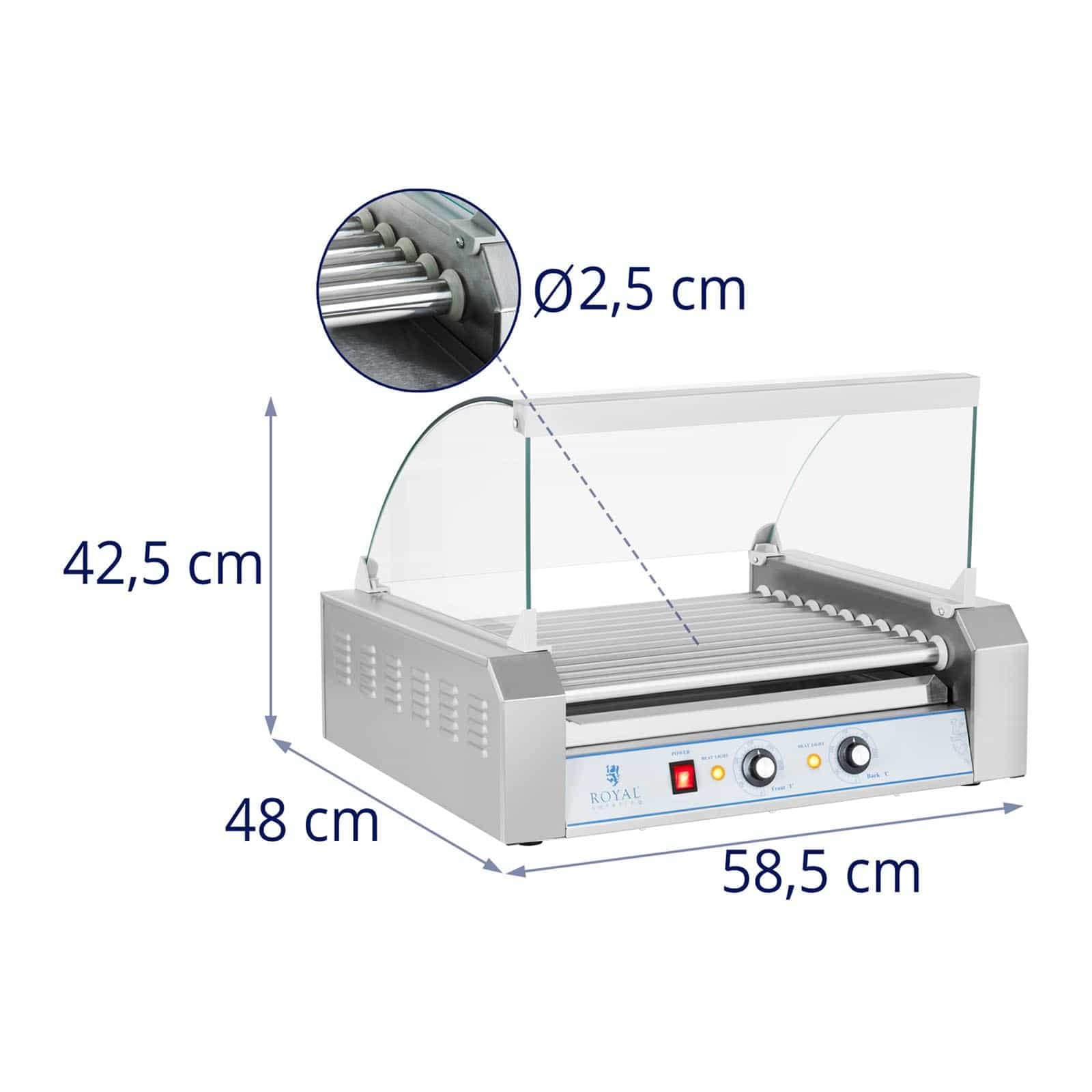 Royal Catering RCHG-11E Asador de perritos calientes 11 Rodillos 1850W 230 V Acero inox