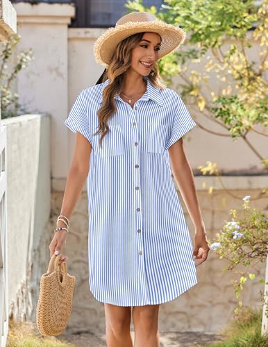 Image of Zeagoo Summer Dresses for Women 2026 Cotton Button Down Short Sleeve Tshirt Dresses Casual Mini Beach Dress
