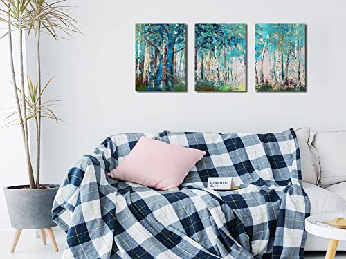 Ardemy Blue Birch Trees Wall Art Forest Landscape Picture Modern Canvas, Summer Nature Teal Abstract Painting Artwork 12"X16"X3 Panels Framed For Bathroom Living Room Bedroom Home Office Wall Decor #TOP1