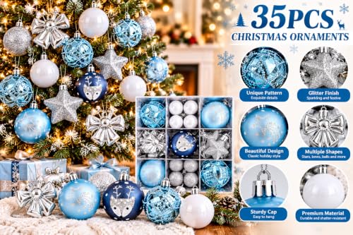 35 Piece Christmas Tree Ornaments Set Decorative Balls with Stars Bows and Reindeer Designs for Holiday Decor Blue White and Silver - image 6