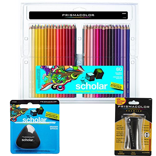 Prismacolor Scholar Colored Pencils 60-Count, Triangular Scholar Pencil Eraser and Premier Pencil Sharpener