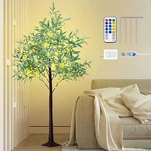 Remon 6Ft Artificial Olive Tree Light Indoor, 8 Flashing Dimmable Modes, Timing Lighted 240 LED Warm Lights Olive Tree with Remote Control Plug in for Spring Easter Christmas Home Outdoor Decor