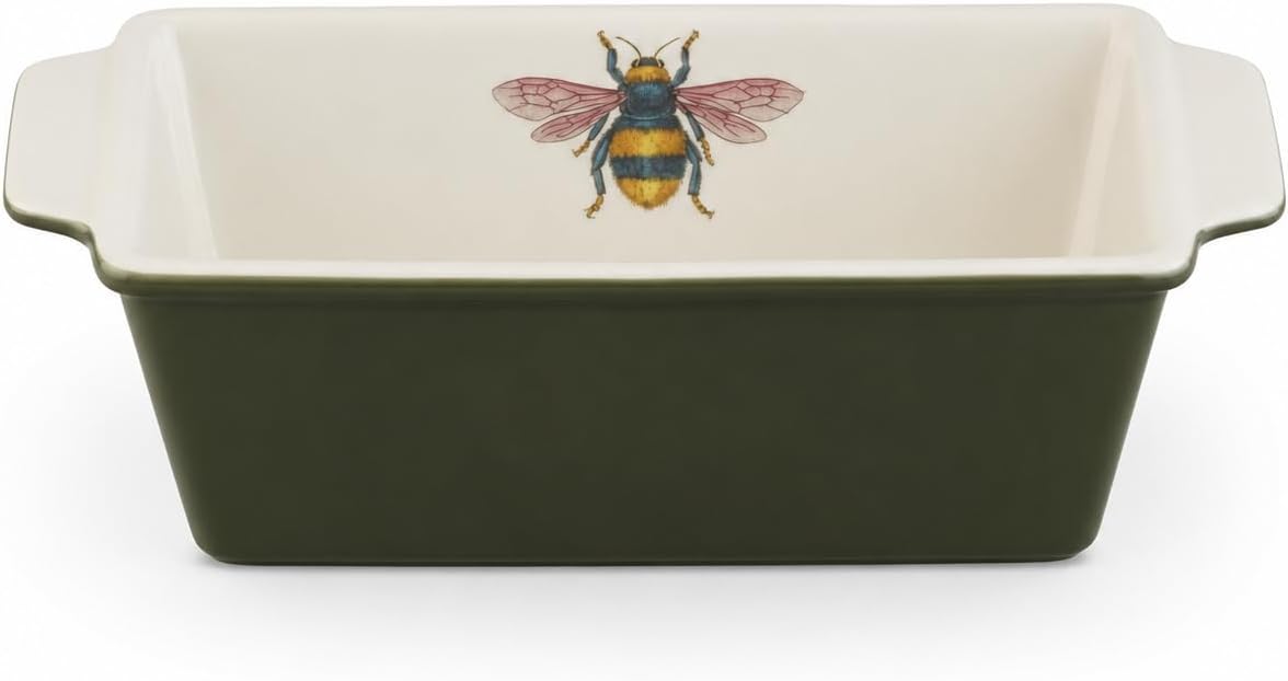 Portmeirion Botanic Garden Harmony Small Loaf Pan (7.9" x 3.7") - Porcelain Bakeware with Bee Motif - Oven, Freezer, Microwave, & Dishwasher Safe - For Homemade Cake & Bread (Forest Green)