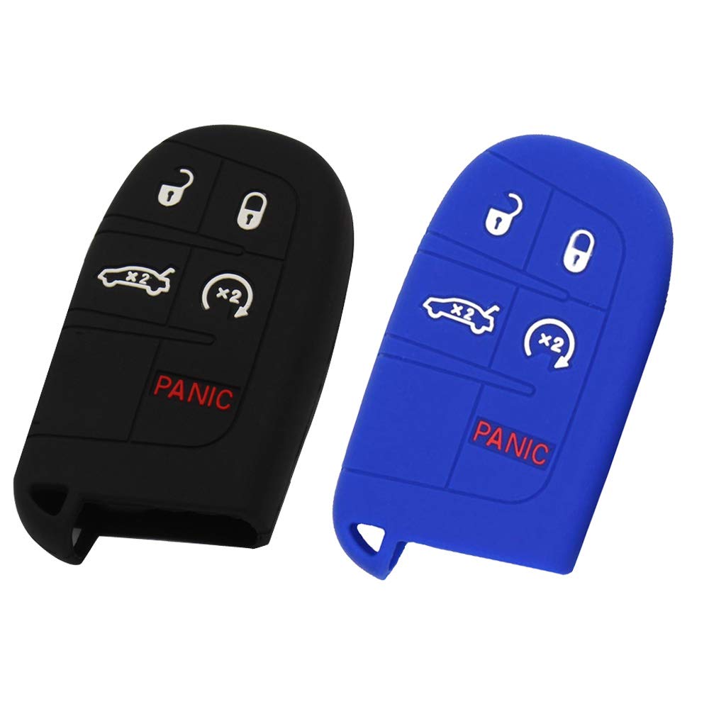 BTSMONE 2pcs Silicone 5 Buttons Smart Key Fob Remote Cover Case Keyless Entry Protector Bag for Jeep Grand Cherokee Dodge Challenger Charger Dart Durango Journey Chrysler 300 Black Blue