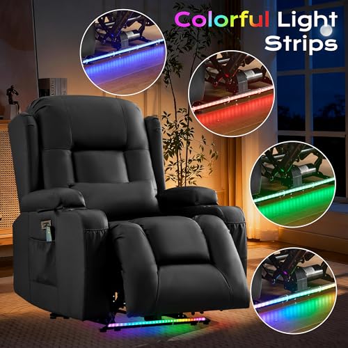 Image of URRED Recliner Chair with Massage and Heat, Power Reclining Sofa Chair Home Theater Seating with LED Ambient Light, USB Ports, Cup Holders, Side Pockets, Faux Leather (Black, Set of 1)