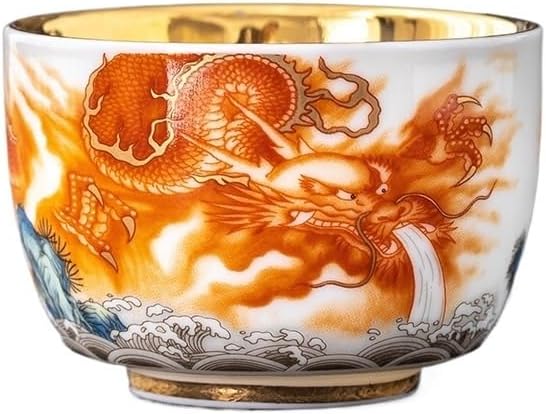 Tea Cup Gilded Teacup Owner's Hand-Painted Dragon-Phoenix White Porcelain Bowl Tasting Gongfu Set Scent-Tasting Single Soaking Container(A)
