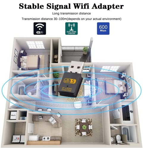 Adaptateur USB WiFi Bluetooth, 600Mbps Clé WiFi Dongle Double Bande 2.4/5.8 GHz Bluetooth 4.2 sans Fil Adaptateur Réseau Carte WiFi Driver Free pour Portable PC de Bureau Windows 10/8/8.1/7