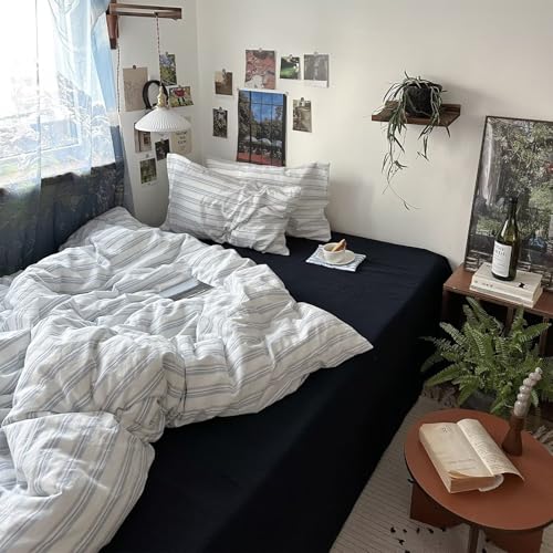 Image of MKXI Twin Size Duvet Cover Set - 100% Washed Cotton Blue & White Striped Bedding, Soft & Breathable 3-Piece Set with Zipper Closure & Corner Ties, Modern Coastal Vintage Style
