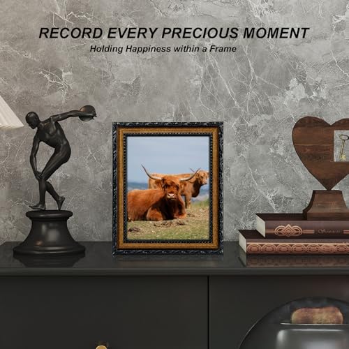Image of Black 8x10 Picture Frame Wood Gold Frames Ornate | Real Glass, Matted 5x7 or 8 x 10 Photos, Easy Photo Changes, Tabletop or Wall Hanging