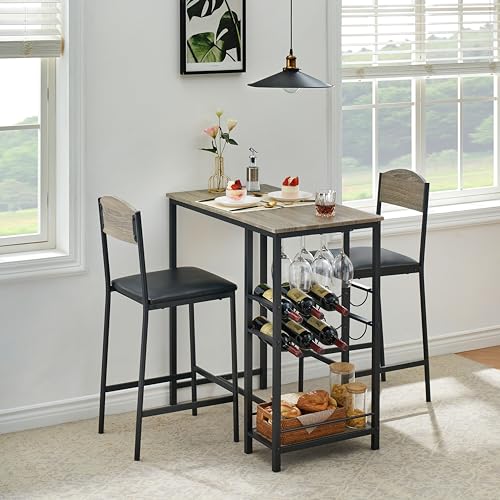 ELETHEBIA Bar Table Set for 2 with Footrest, Kitchen Dining Table with 2 Upholstered Chairs, Small Space Counter Height Barstools for Counter Bar, Sturdy and Durable, Easy to Assemble, Gray