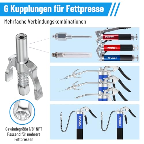 Pindex Fettpresse für Schmiernippel mit Mundstück Fettnadeldüse,Fettpistole mit Schnellkupplung,Handschmierpresse für 400cc Fettkartusche mit Schmiernippel,3X Schlaüche 15cm Metallrohr