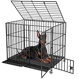 54 Inch Heavy Duty Escape-Proof Dog Crate, XL Metal Kennel 3 Doors Tray & Wheels, High Anxiety Cage for Large/Medium Breeds, Black