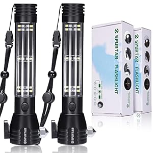 Spurtar Solar Powered Flashlight 2 Packs 2000mah USB Rechargeable Tactical Torch, Emergency Flashlights with Car Hammer Seat Belt Cutter Compass & Magnet 7 Modes, Emergency Car Kit