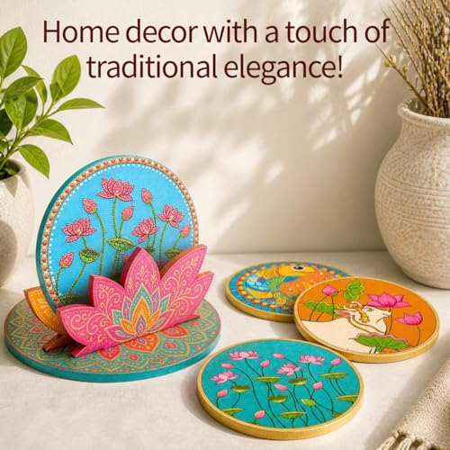 Image of Mind Pilot Art & Craft Kit for Kids & Adults | 3-in-1 Indian Painting Kit | Mandala, Madhubani & Pichwai | 6 Pre-Marked Wooden Coasters | 12 Colours | DIY Gift Set | Ages 8+