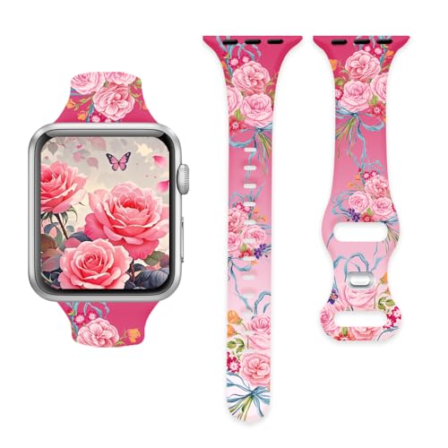 Image of Sport Band Floral Printed Compatible with Apple Watch Bands 49mm 46mm 45mm 44mm 42mm 41mm 40mm 38mm Women, Silicone Flower Printed Fadeless Pattern Design Strap for iWatch Series10 9 8 7 6 5 4 3 2 1SE