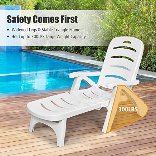 Giantex Lounge Chair Outdoor Folding Lounger With Wheels, 5 Adjustable Backrest Positions Lightweight Recliner Chaise Chair Suitable For Patio, Backyard, Poolside Chaise Lounge #TOP3