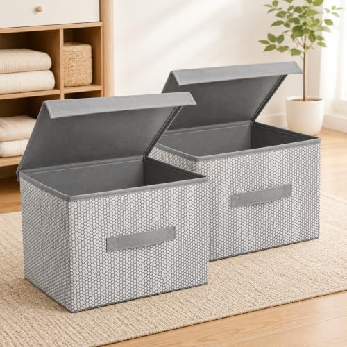 Image of VERVENIX Pack of 2 Storage Box Organiser Large Size | Premium Fabric Bins for Wardrobe, Clothes, Toys & Home Essentials | Collapsible Space Saving Storage Basket in White & Grey