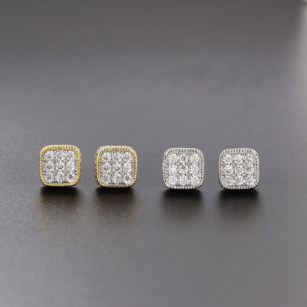 QUSIIOSLK 18K Gold Plated Square Earrings 925 Sterling Silver Screw Back Stud for Men Iced Out Cubic Zirconia Hip Hop Rock Full Diamond Earrings Jewelry Gifts Hypoallergenic - Image 3