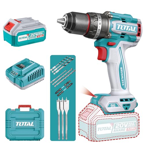 TOTAL, Taladro Percutor Brushless 20V, 96 Nm, Modelo TIDLI20968E, Incluye 2 Baterías, Cargador y Maletín