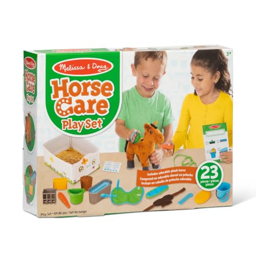 Image of Melissa & Doug Feed & Groom Horse Care Play Set and Plush Toy | 23 Piece Set, Plush Horse, Saddle, Grooming Accessories and Care Checklist, Pretend Play, Preschool Toys for Kids, Ages 3+