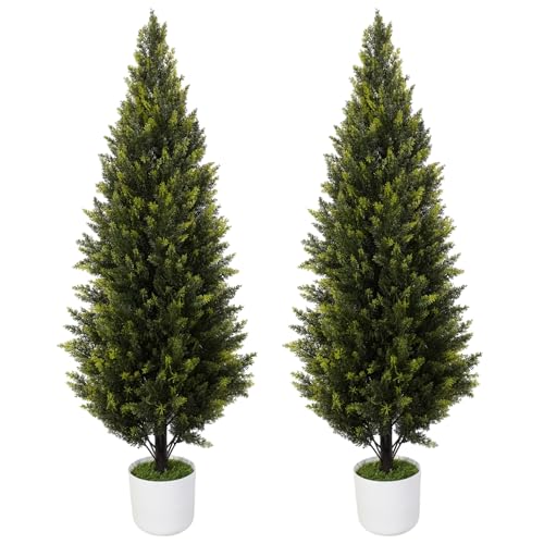 DTNESS 2 Pack 4Ft Artificial Cedar Topiary Trees, Faux Pine Cypress Plants, UV Resistant Fake Cypress Shrubs with Pots, Realistic Evergreen Bushes for Front Porch Indoor Outdoor Garden Decor