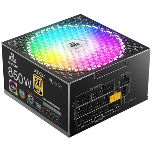 Auotac 850W Fully Modular Power Supply, 80+ Gold PSU, ATX 3.1 & PCIe 5.1 Ready, Native Dual-Color 12V-2x6 Cable, RGB Low-Noise Smart Fan, 105°C-Rated Capacitors, Black