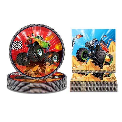Monster Truck Party Plates and Napkins for 24 Guests 64 Pcs Monster Truck Birthday Party Supplies Tableware Set Monster Truck Paper Plates Machines Jam Napkins for Machines Jam Theme Birthday Supplies
