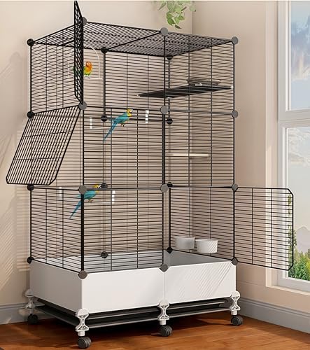 MissTiara Bird Cage for Parakeets,Parrotlets, Cockatiels, Budgie Finch Lovebird Canary Pet Bird,Splash-proof food, Easy to install and clean,Accessories included (Black)