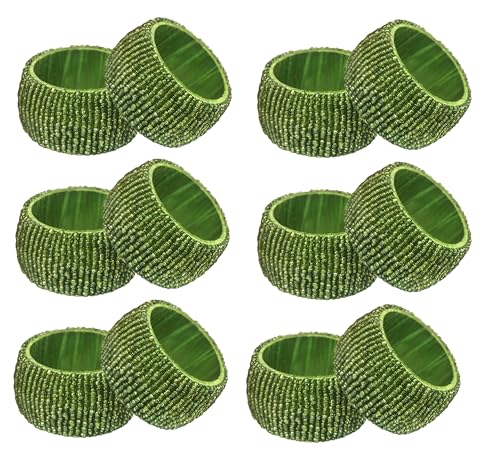 Image of COTTON CRAFT Glitz Beaded Napkin Rings - Set of 12 - Handmade Green Napkin Ring Holders for Dining Table Decor - Elegant Beaded Napkin Rings for Weddings, Parties, Brunch, Holiday Table Settings