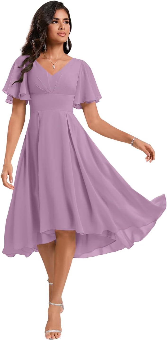 Women's Dusty Purple Short Bridesmaid Dresses for Wedding Chiffon A-Line V Neck Asymmetrical Prom Dresses for Teens Plus Size Simple Formal Party Gowns with Pockets 24w