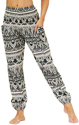 Nuofengkudu Women's Harem Hippie Pants Baggy Boho Patterned High Waist Smocked Waist Thin with Pockets Lounge Trousers for Yoga Summer Beach