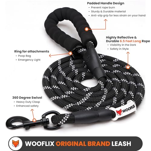 Image of WOOFLIX Reflective Dog Leash And Collar Combo Set|Dog Collar & Anti Slip Padded Handle Leash For Dogs|Highly Reflective|Dog Rope For Medium & Large Dogs|(Leash 6.5 Ft. + Collar Xl, Black, 18 Cm)