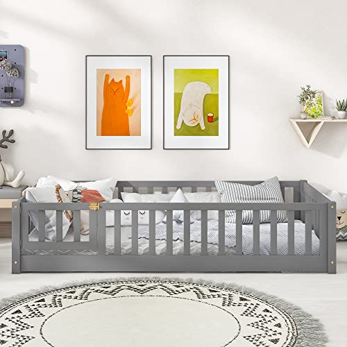 Twin Size Floor Platform Bed With Fence, Wooden Playpen Bed For Kids, Kids Fence Bed With Door, No Box Spring Needed (Grey) #TOP2