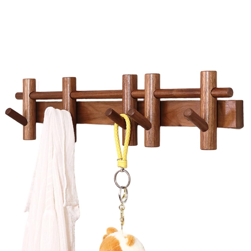 Qpkz Brown Solid Wood Sliding Coat Rack Wall Mount, Walnut Color Wooden Wall Hooks Entryway Hanging Rack Coat Hooks Rail Clothes Towel Racks With Hook For Coat, Bag, Towel 6Hook