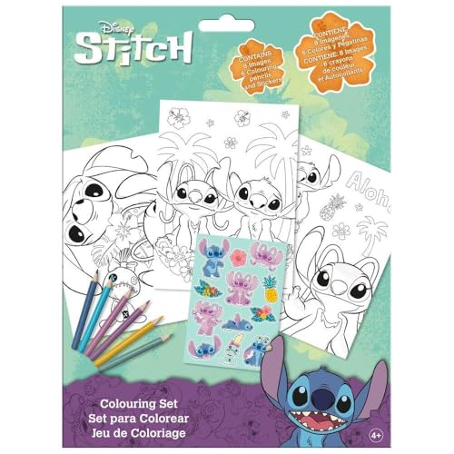 Ensemble de coloriage Disney Stitch de 15 pièces pour enfants – 8 feuilles de coloriage, 6 crayons de couleur et autocollants réutilisables – Kit...