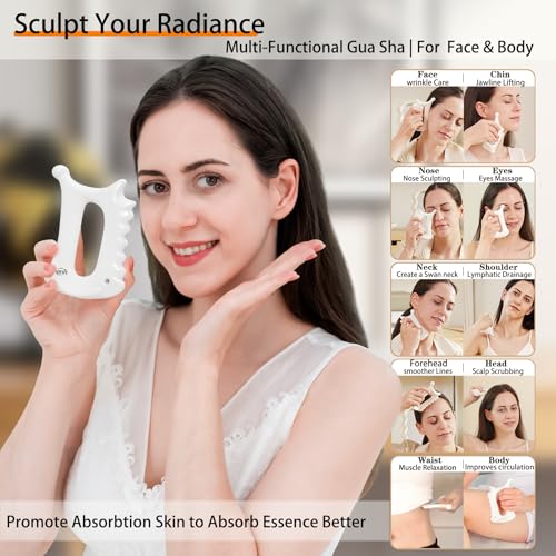 Ceramic Gua Sha Tool for Face & Body, Christmas Gifts for Adults Mon, 6 in 1 Facial Massage, Lymphatic Drainage, Jaw Lifting, Puffiness Care, Neck Massage for Stress Relief - Home Self Care, White - Image 3