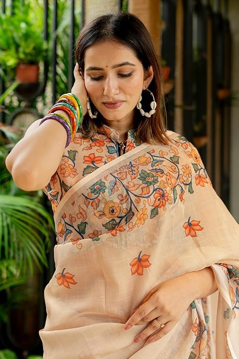 Image of RAJESHWAR FASHION WITH RF Soft Linan Cotton Summer collection rose digital print Traditional look saree beige