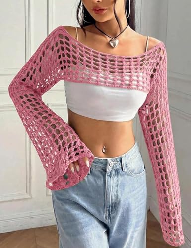 Image of hathne Women's Crochet Crop Top Shrug Y2K Hollow Out Mesh Knit Long Sleeve Sweater, Sexy Beach Bikini Cover Up