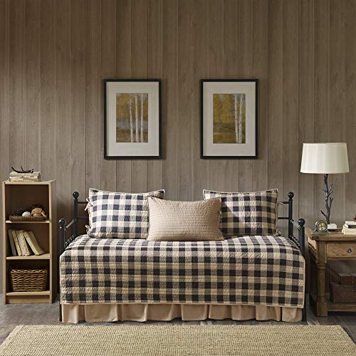 Woolrich Cotton Daybed Cover Set-Double Sided Quilting Rustic Lodge Cabin Plaid Design All Season Bedding With Bedskirt, Matching Shams, Decorative Pillow, 75"X39", Buffalo Check Tan #TOP1