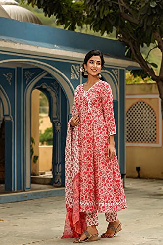 Image of Vaamsi Women's Pure Cotton Floral Printed Anarkali Kurta Set With Dupatta | kurta sets for woman