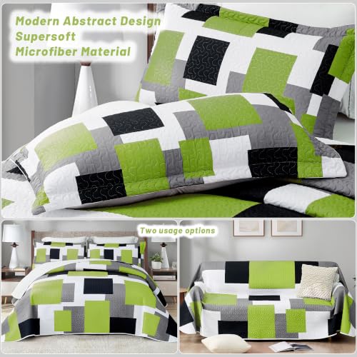 Image of Tyrot 3 Piece Sage Green Quilt Full /Queen Size Lime Green Grey Bedding Set