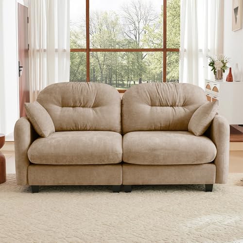 Image of KEIKI 74 inch Oversized Chenille Modular Sectional Loveseat Sofa with High-Density Foam Cushions and Tufted Pleated Cushion Backrest, Upholstered 2-Seater Cloud Couch with 2 Pillow, for Living Room, Camel