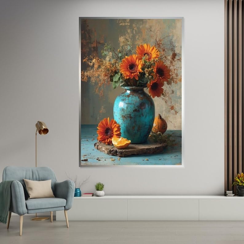 Toile florale de salon avec citrouilles et vase vintage