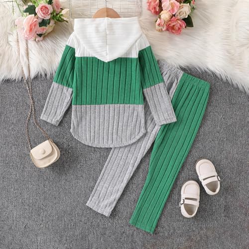 Image of Toddler Kid Girls Clothes Ribbed Color Block Long Sleeve Hoodie Sweatsuit Set Fall Outfits